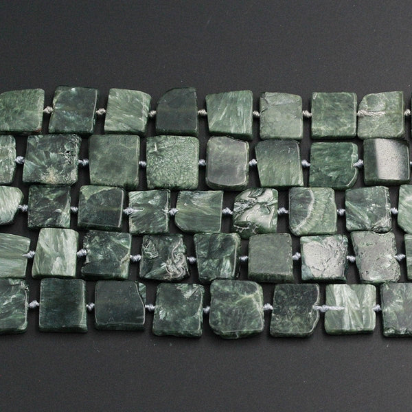 Green Russian Seraphinite Square Beads Large Chunky Natural Cushion Thin Slice Nugget Designer Cut Beads 16" Strand