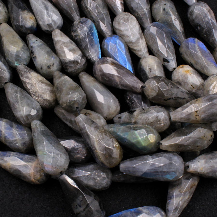 Gorgeous Natural Labradorite Faceted Long Teardrop Beads 12mm x 26mm Vertically Drilled Focal Earring Beads W Blue Flashes 16" Strand