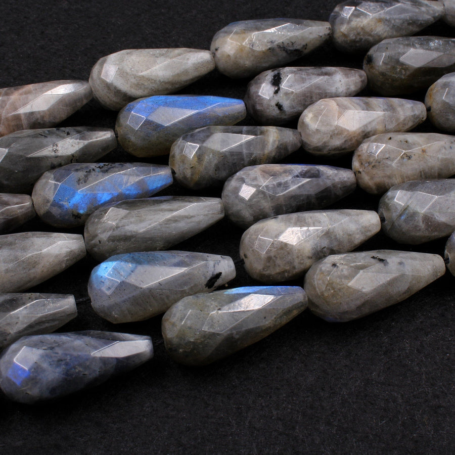 Gorgeous Natural Labradorite Faceted Long Teardrop Beads 12mm x 26mm Vertically Drilled Focal Earring Beads W Blue Flashes 16" Strand