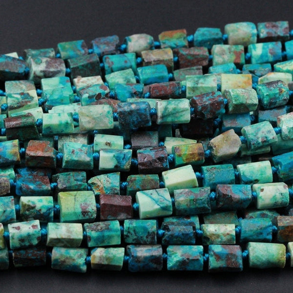 Organic Cut Rough Raw Natural Chrysocolla Rectangle Nugget Hand Cut Matte Faceted Tube Blue Green Gemstone Nugget Freeform Beads 16" Strand