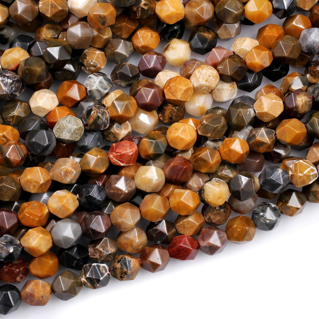 Star Cut Natural Brown Autumn Jasper Beads Faceted 8mm Rounded Nugget Sharp Facets 15" Strand
