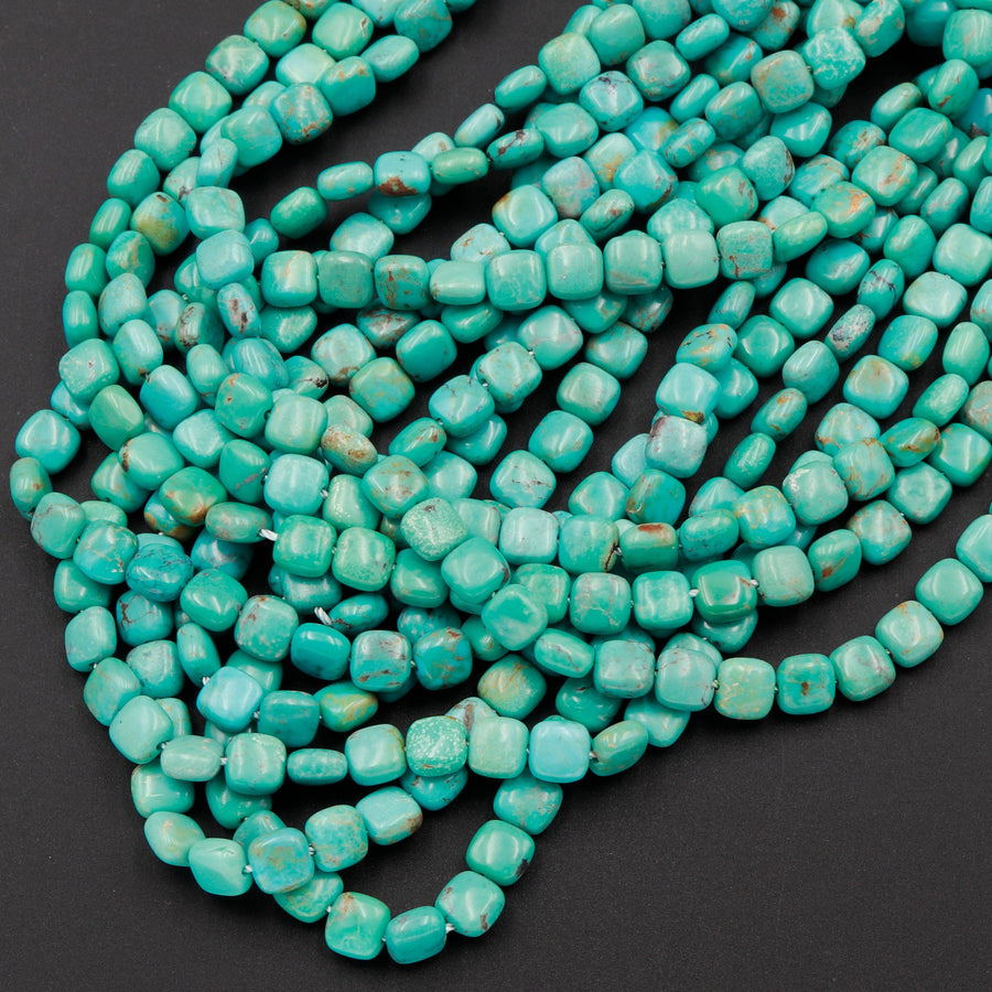 Genuine 100% Natural Turquoise 6mm Square Cushion Beads Highly Polished Uniformed Blue Green Gemstone 16" Strand