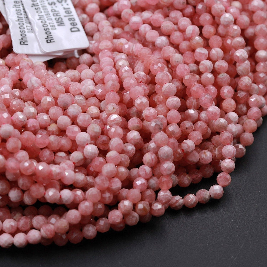 Stunning AAA Natural Pink Rhodochrosite 2mm 3mm 4mm Faceted Round Beads Micro Faceted Laser Diamond Cut Genuine Red Pink Gemstone 16" Strand