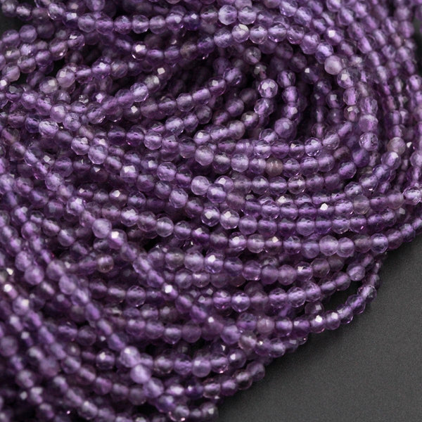 Micro Faceted Tiny Natural Amethyst Round Beads 2mm 3mm Faceted Round Beads Purple Gemstone 16" Strand