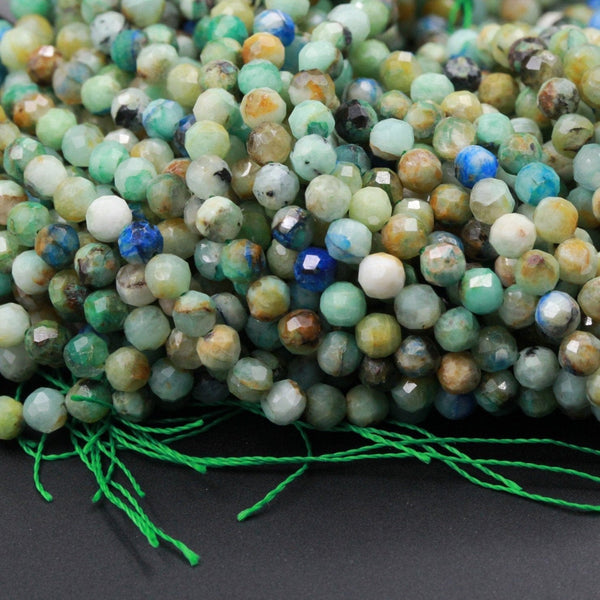 Micro Faceted Natural Green Chrysocolla Blue Azurite 4mm Faceted Round Beads Laser Diamond Cut Gemstone 16" High Quality 16" Strand