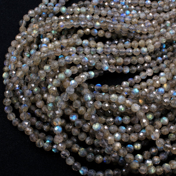 4mm Faceted Labradorite Round Beads Superior Flash AAA Quality Micro Faceted Tiny Small Natural Grey Blue Labradorite Round Beads 16" Strand