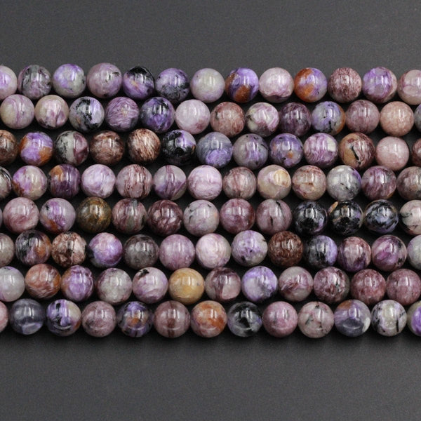 Natural Charoite Round Beads 6mm Round 8mm Round W Interesting Orange Garnet Black Aegirine Matrix beads 16" Strand