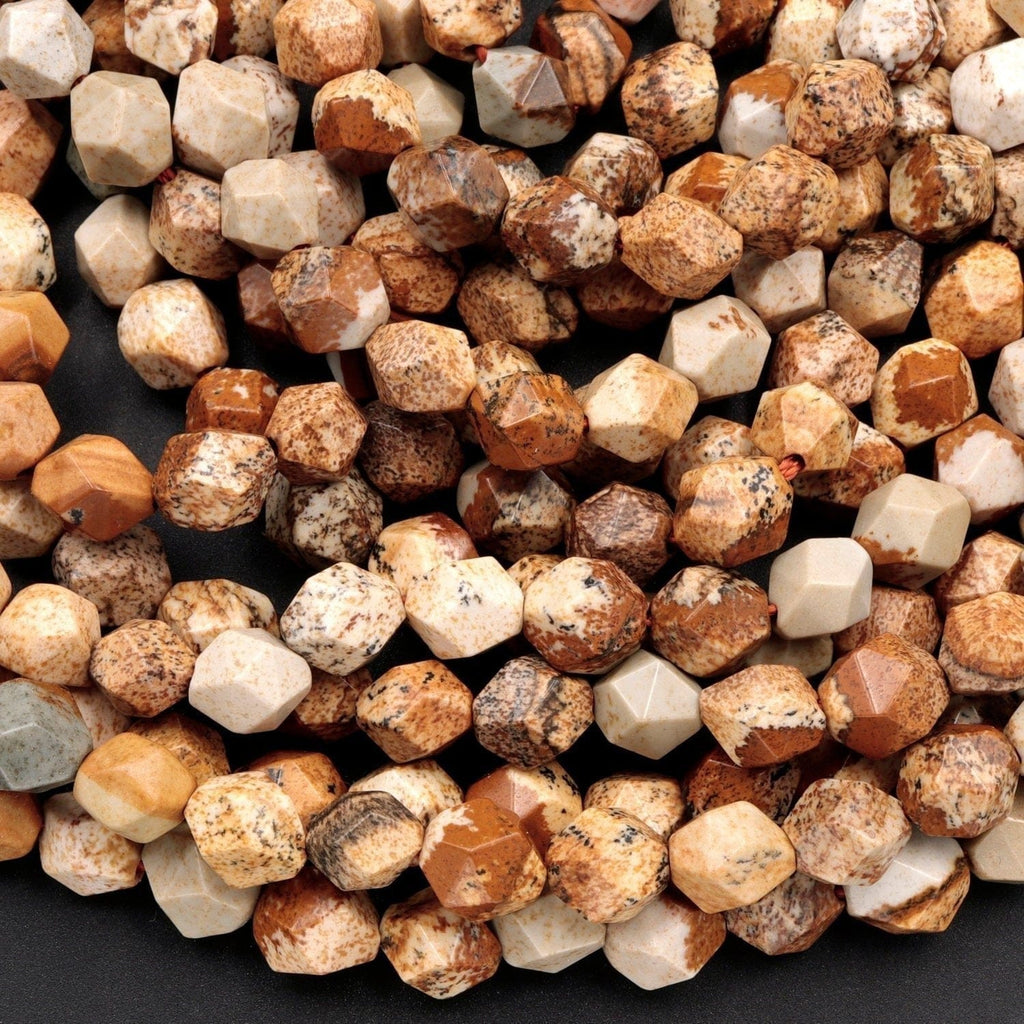Star Cut Natural Picture Jasper Desert Jasper African Queen Faceted 8mm 10mm Rounded Nugget Sharp Facets 15" Strand