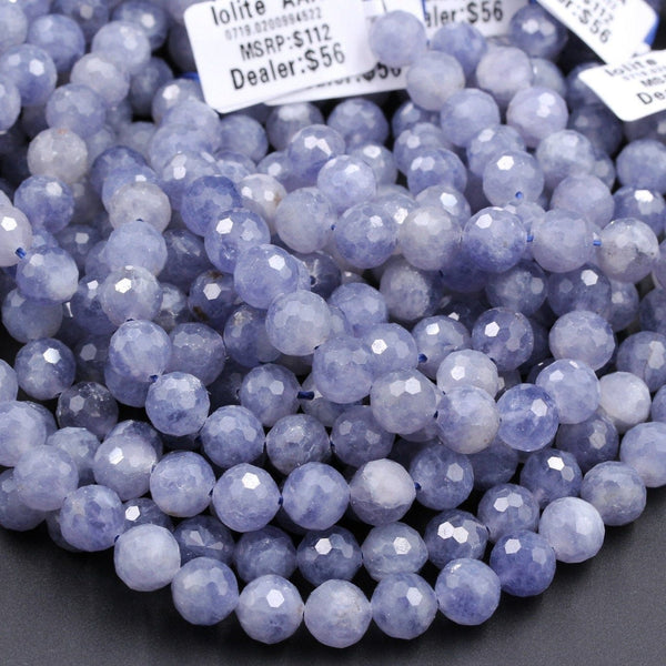 Gorgeous Natural Blue Lolite 6mm 8mm Round Beads Micro Faceted Gemstone Large Genuine Real Iolite Faceted Round Gemstone Beads 16" Strand