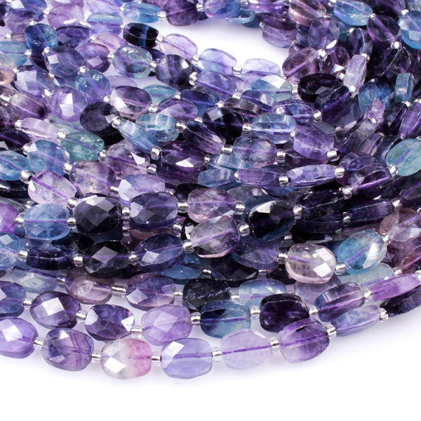 AAA Super Clear Natural Fluorite Faceted Rectangle Cushion Beads Sharp Facets Laser Diamond Cut Purple Green Blue Gemstone Beads 16" Strand