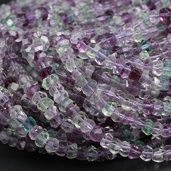 AAA Super Clear Natural Fluorite Faceted Rondelle Beads 7mm 8mm Sharp Facets Laser Diamond Cut Purple Green Blue Gemstone Beads 16" Strand