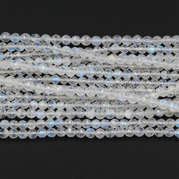 AAA Natural Rainbow Moonstone 4mm Faceted Round Beads 5mm 6mm Faceted Round Beads Extra Blue Flashes Super Translucent Gemstone16" Strand