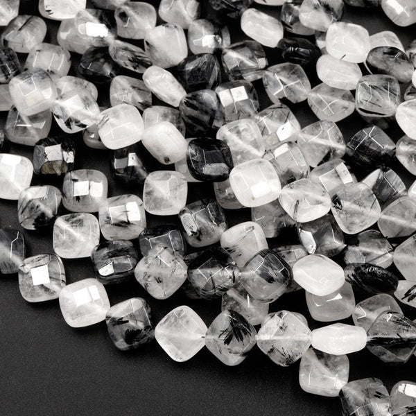 Black Rutilated Quartz Beads Faceted Diamond Kite Square 8mm Natural Black Tourmaline Rutile Quartz Semi Precious Gemstone 16" Strand