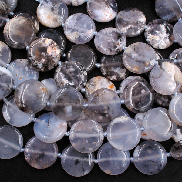 Natural Dendritic Angel Chalcedony Beads Large Coin Circle Smooth Beads 25mm Translucent Smoky Gray Gemstone 16" Strand