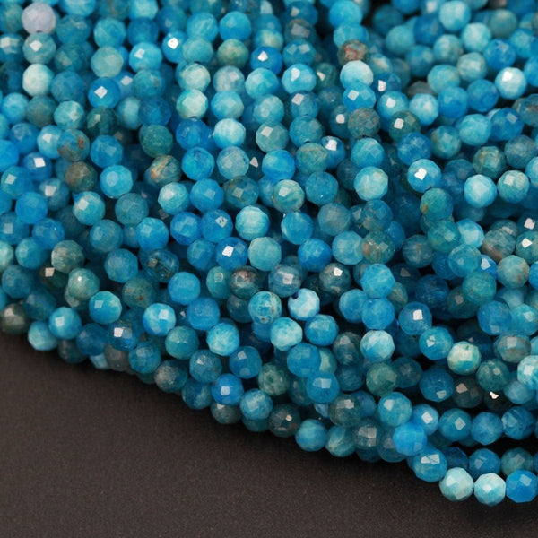 Micro Faceted Small Natural Blue Apatite Round Beads 2mm Faceted 3mm Faceted 4mm 5mm Round Beads Laser Diamond Cut Gemstone 16" Strand