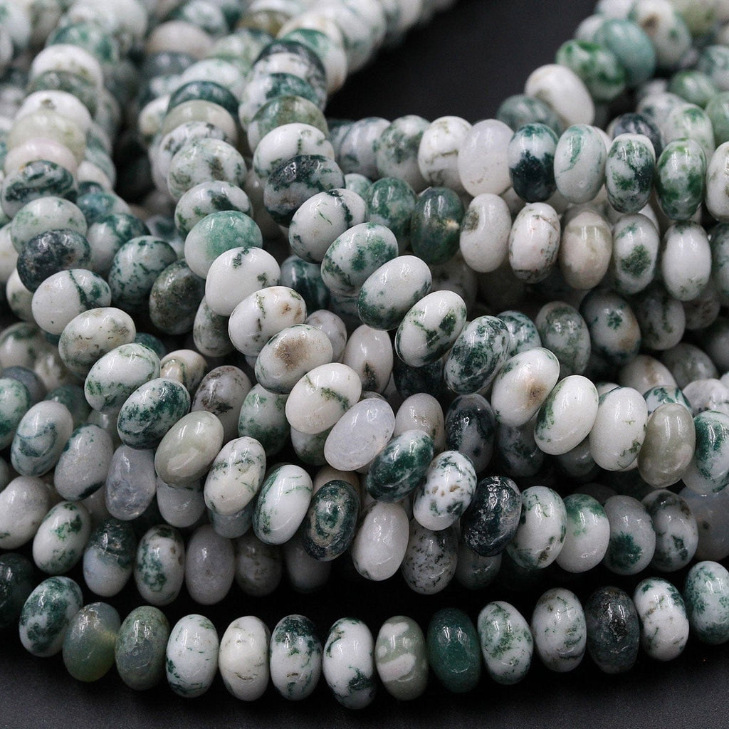 A Grade Natural Green Tree Agate 8mm x 5mm Rondelle Plain Smooth Polished Beads Organic 100% Natural Gemstone 16" Strand