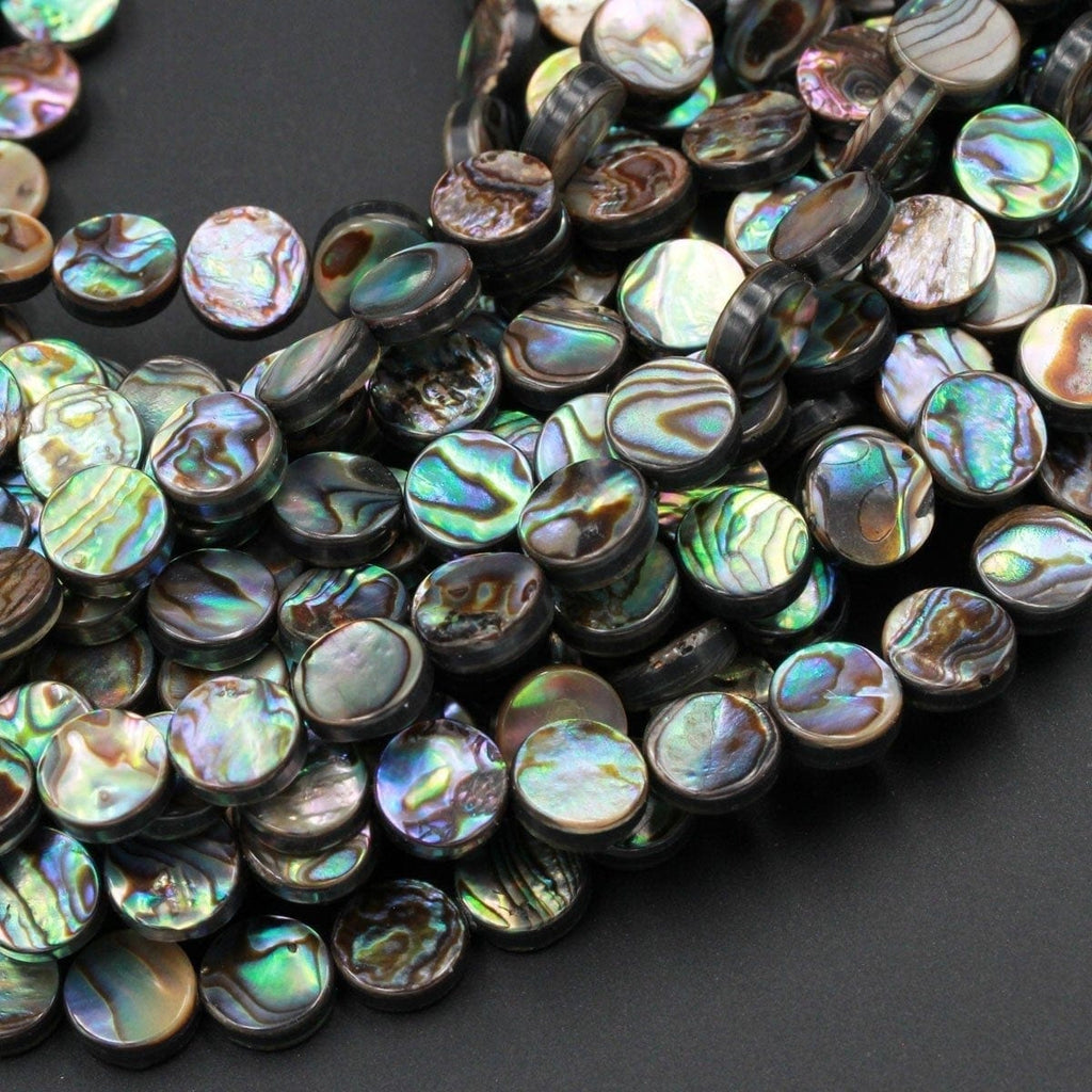 Abalone 8mm Coin Beads 10mm Coin Bead Iridescent Rainbow Glow Blue Green Red Pink Flash A Grade Real Genuine Natural Abalone 16" Strand
