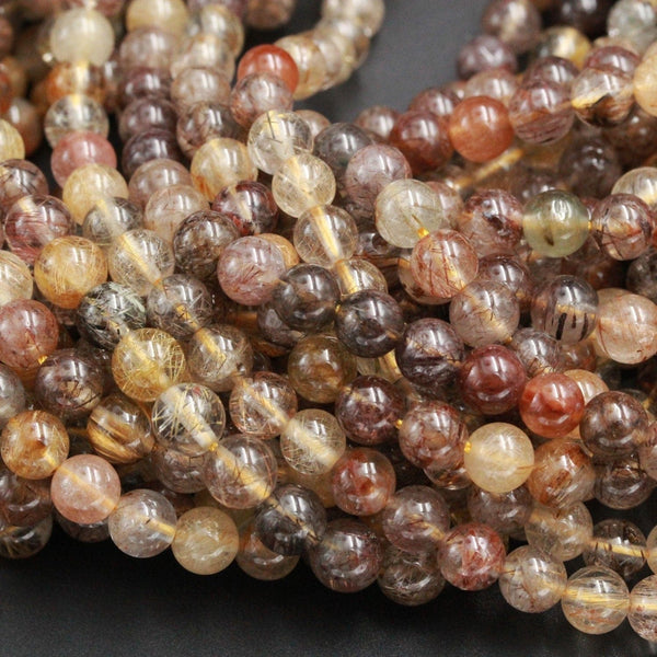 Multicolor Natural Red Brown Coffee Yellow Rutile Quartz 4mm 6mm 6mm Round Beads Tons of Sharp Rutilated Hair Needle Earthy Color 16" Strand