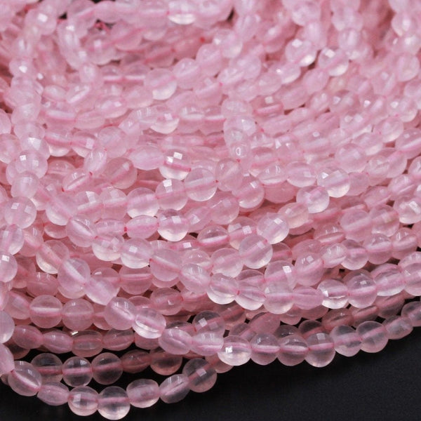 Pink Rose Quartz Micro Faceted 4mm Coin Flat Disc Dazzling Facets Small Natural Rose Quartz Diamond Cut Pink Gemstone 16" Strand