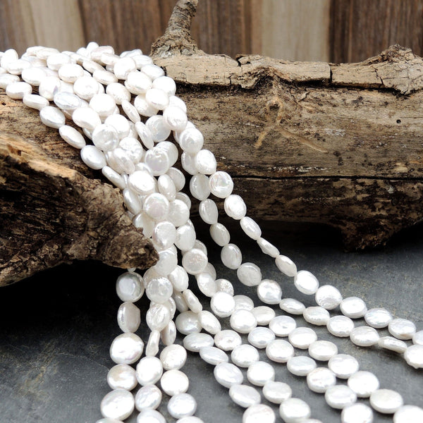 AAA 8mm 10mm White Coin Pearl Thick Brilliant Nacre Real Genuine Natural Freshwater Pearl Full 16" Strand