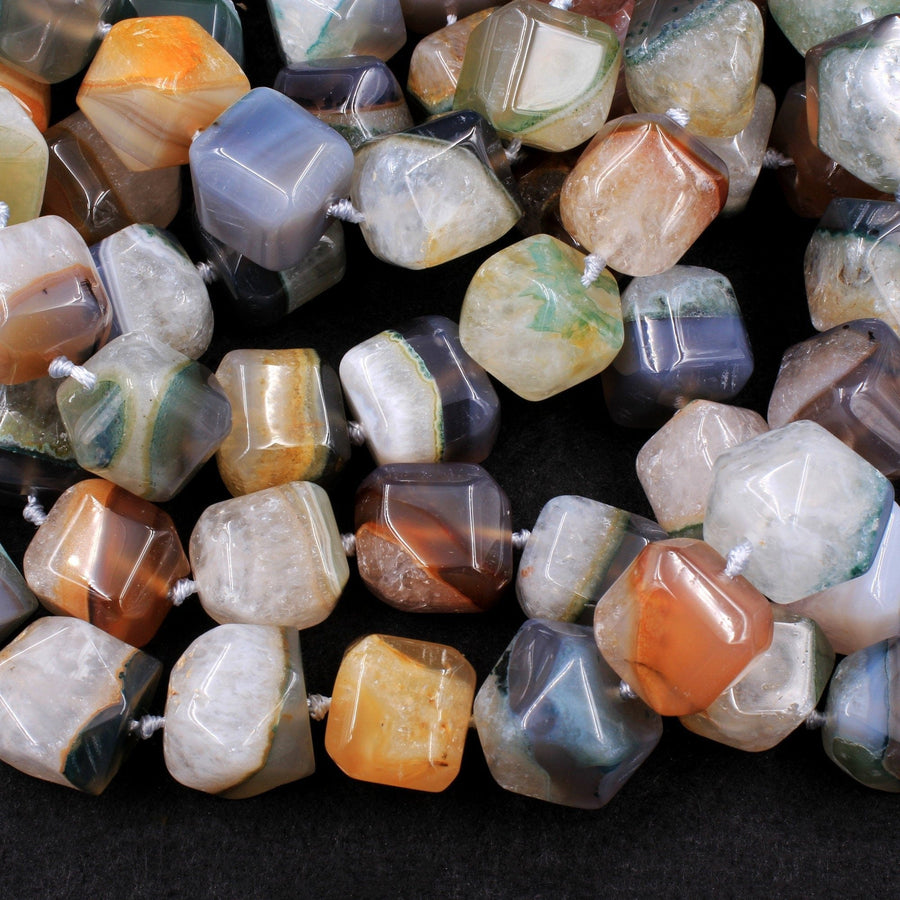 Rare Natural Phantom Agate Beads Chunky Faceted Dice Cube Square Earthy Gray Brown Peach Red Green Blue Crystal Gemstone 16" Strand