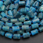 Matte Natural Blue Apatite Tube Nugget Raw Rough Frosty Organic Beads Faceted Rectangle Cylinder Natural Teal Blue Gemstone Full 16" Strand
