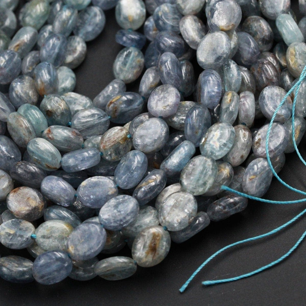 Natural Blue Green Bicolor Kyanite 8mm x 10mm Oval Beads A Quality Chatoyant Silvery Teal Blue Gemstone 16" Strand
