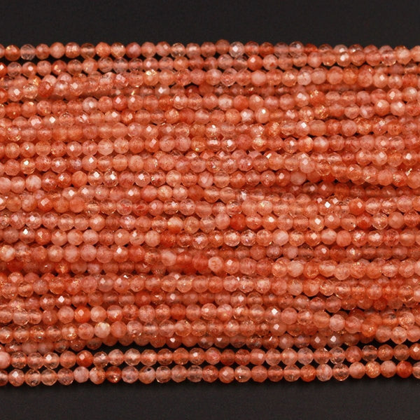 Fiery Natural Sunstone Round Beads 2.5mm 3mm 3.5mm Faceted AAA Quality Micro Faceted Tiny Small Diamond Cut Orange Gold Gemstone 16" Strand