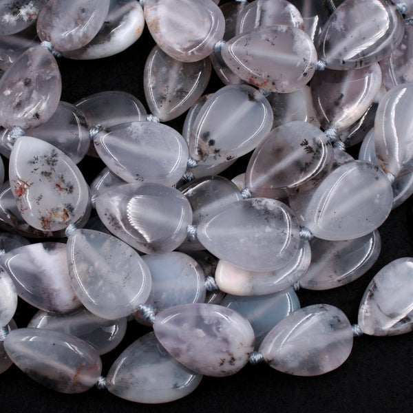 Icy! Natural Angel Chalcedony Teardrop Beads With Interesting Black Dendritic Pattern Gemmy Translucent Pale Gray Blue Gemstone 16" Strand