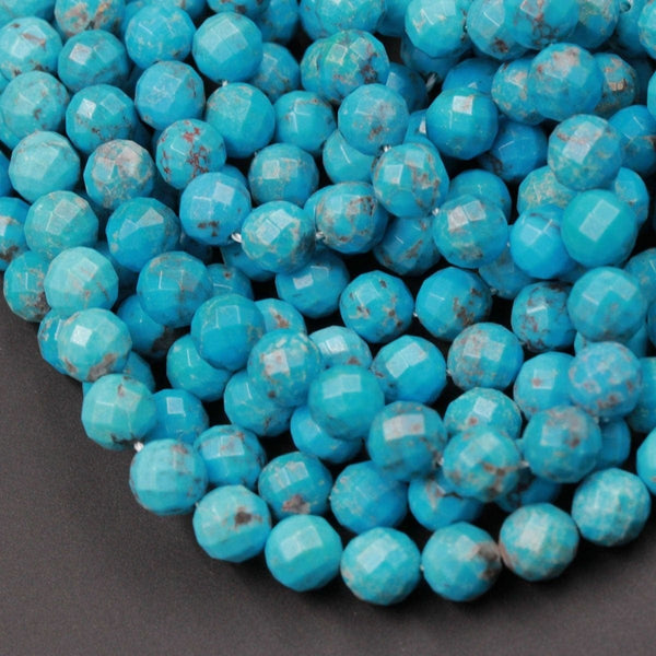 Genuine 100% Natural Arizona Blue Turquoise 8mm Faceted Round Beads Micro Faceted Diamond Cut Natural Blue Turquoise Gemstone 16" Strand