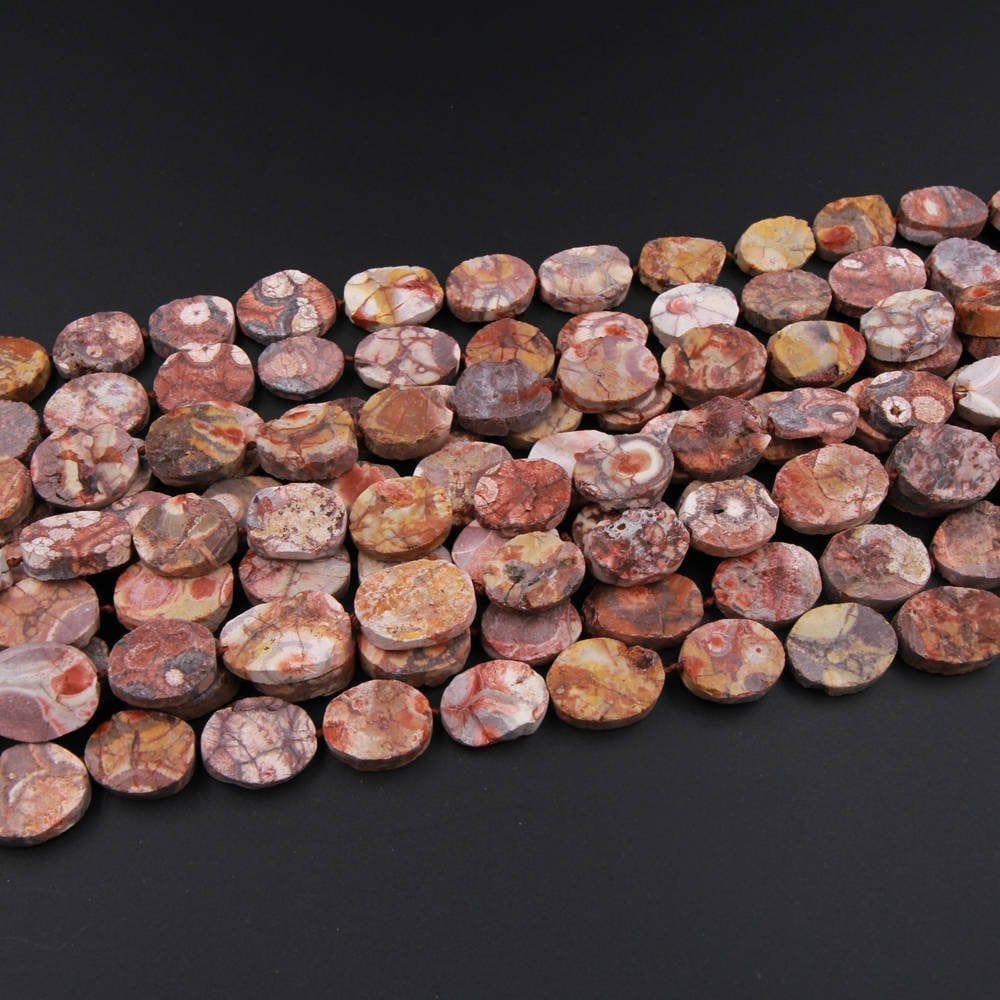 Natural Bird's Eye Rhyolite Beads Half Rough Half Polished Raw Druzy Drusy  15mm x 20mm Oval Beads 16" Strand