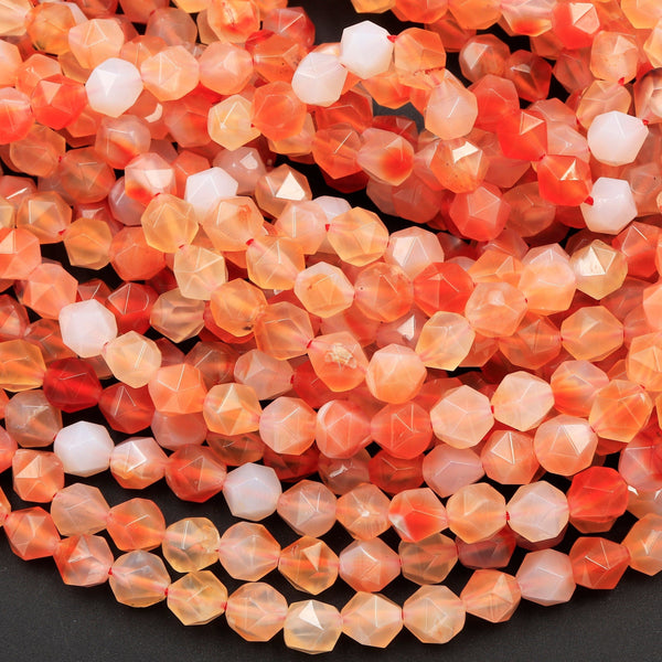Star Cut Natural Carnelian Faceted 8mm Rounded Nugget Sharp Facets 15" Strand