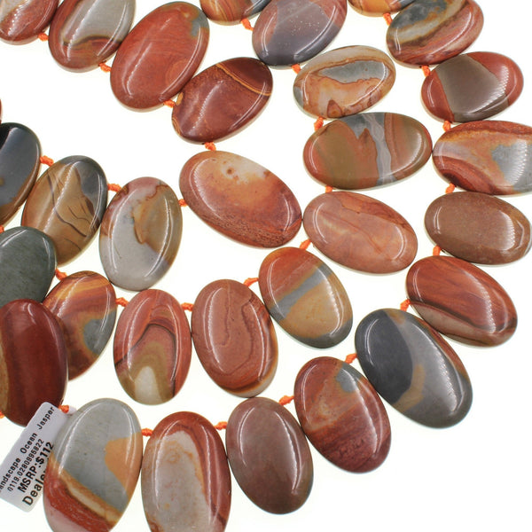 Natural Landscape Ocean Jasper Oval Beads Aka Polychrome Ocean Jasper Top Side Drilled Pebble Earthy Red Orange Slate Brown 16" Strand