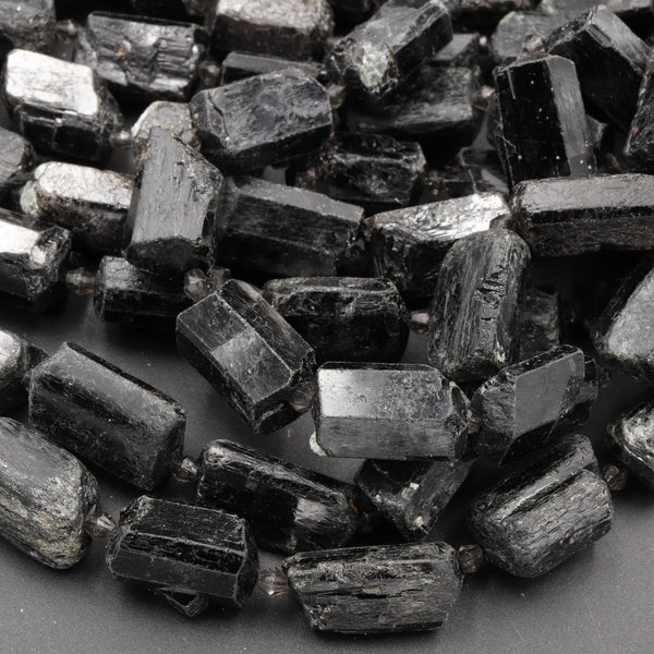 Drilled Raw Rough Natural Black Tourmaline Beads Large Nugget Gemstones Tube Stick Focal Pendant Stone 16" Strand