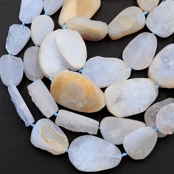 Rare Natural Blue Chalcedony Druzy Drusy Beads Hand Cut Oval Teardrop Vertically Drilled Sparkling Crystal Beads 16" Full Strand