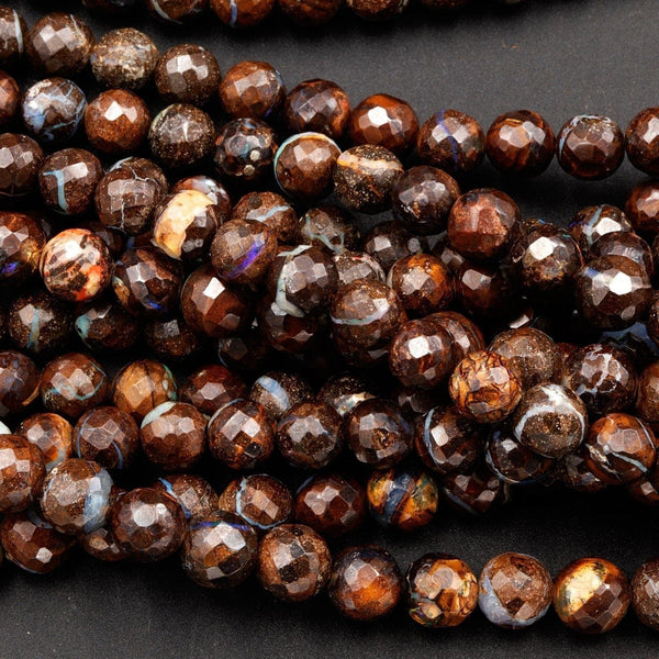 Natural Australian Boulder Opal Beads Faceted 6mm 7mm Beautiful Opal Veins 19" Sterling Silver Clasp Necklace Strand