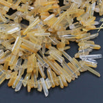Natural Brazilian Golden Yellow Quartz Beads Top Side Drilled Crystal Quartz Point Tip Long Spike Stick Freeform Nuggets Beads 16" Strand