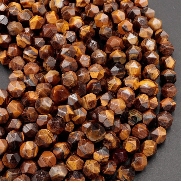 Star Cut Natural Tiger Eye Beads Faceted 6mm 8mm Rounded Nugget Sharp Facets 15" Strand