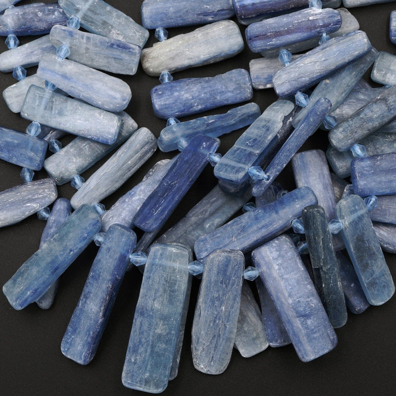 Side Drilled Raw Natural Blue Kyanite Long Rectangle Bead Focal Pendant Quality Freeform Irregular Long Gemstone Beads Rough Cut 16" Strand