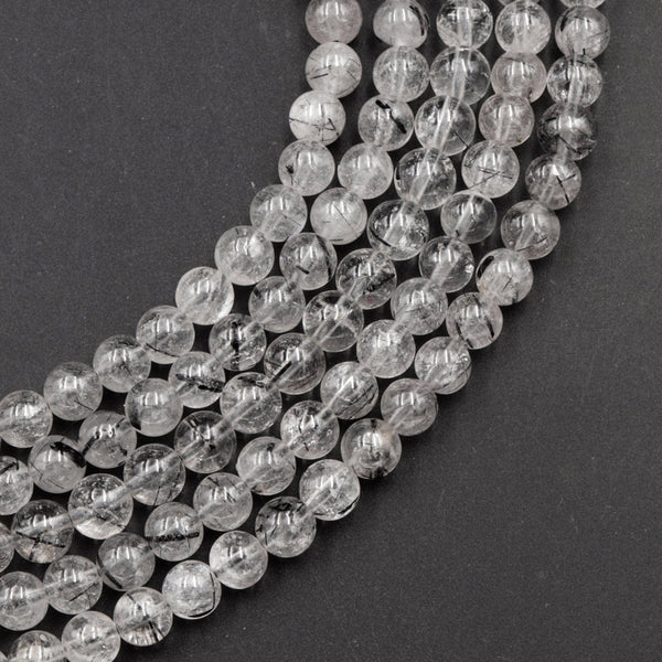Black Tourmaline Rutilated Rutile Quartz Beads 4mm 6mm Round High Quality Black White Quartz Semi Precious Gemstone 16" Strand