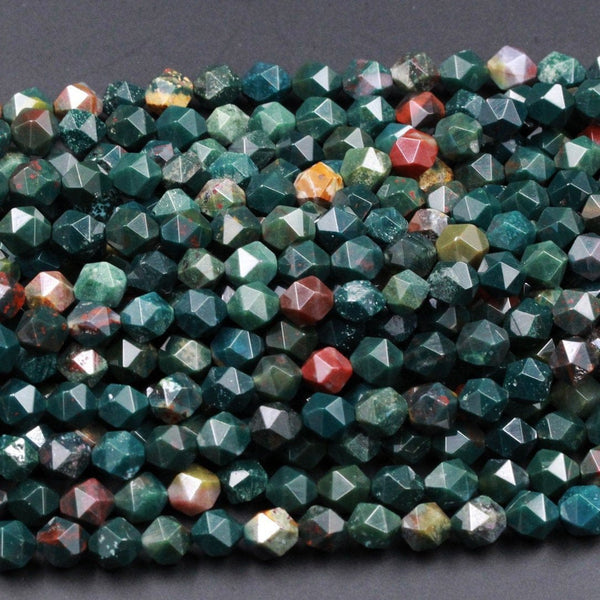Diamond Star Cut Natural Bloodstone 8mm Beads Superior A Grade Geometric Cut Faceted 8mm Real Genuine Bloodstone Nugget Beads 16" Strand
