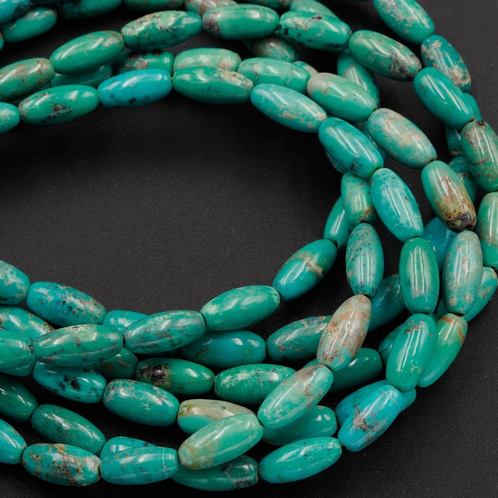 Small Natural Turquoise 10mm x 5mm Rice Beads Thin Barrel Drum Long Oval Beads Blue Green Gemstone 16" Strand