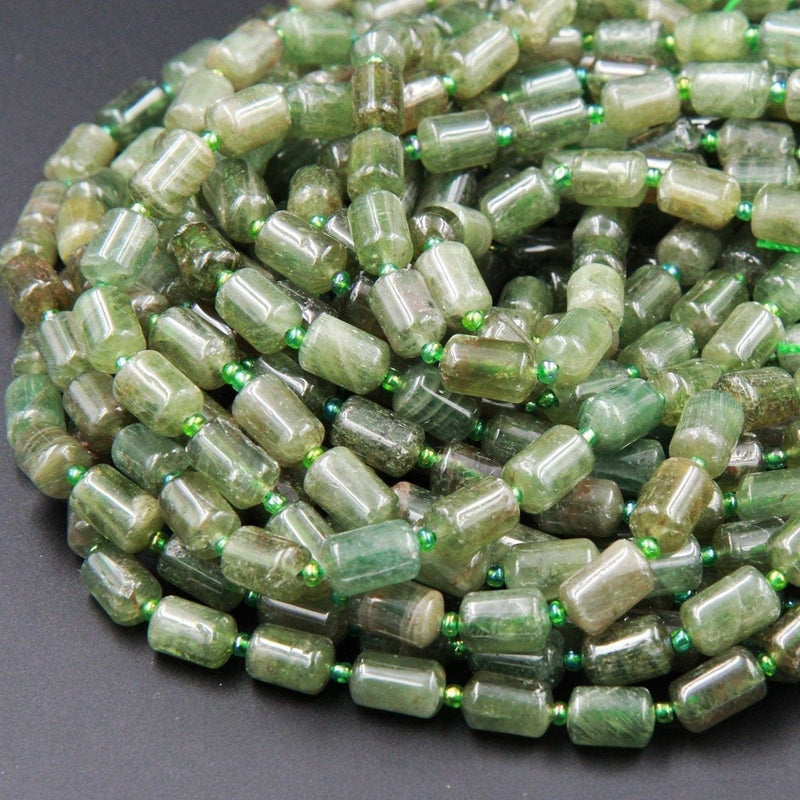 Natural Green Garnet Barrel Beads Cylinder Beads Nuggets Smooth Drum Beads Tube Nugget 8mm x 12mm Real Genuine Green Gemstone 16" Strand