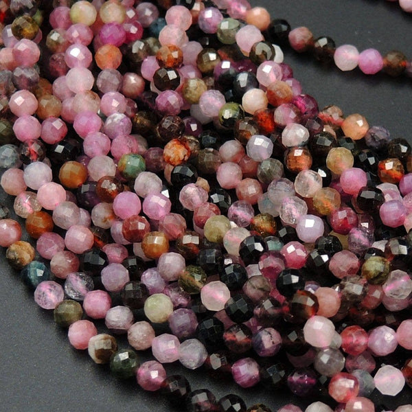 Micro Faceted Tiny Natural Multicolor Tourmaline Round Beads 3mm Faceted Round Beads 16" Strand