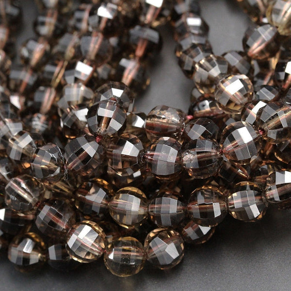 Geometric Lantern Faceted Natural Smoky Quartz 10mm Round Bead Sparkling Real Genuine Natural Smoky Quartz Gemstone High Quality 16" Strand