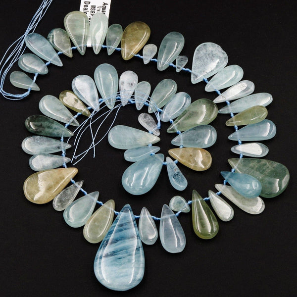 Natural Aquamarine Teardrop Focal Pendant Beads Top Side Drilled Natural Blue Green Gemstone Smooth Focal Pendant Beads Full 16" Strand