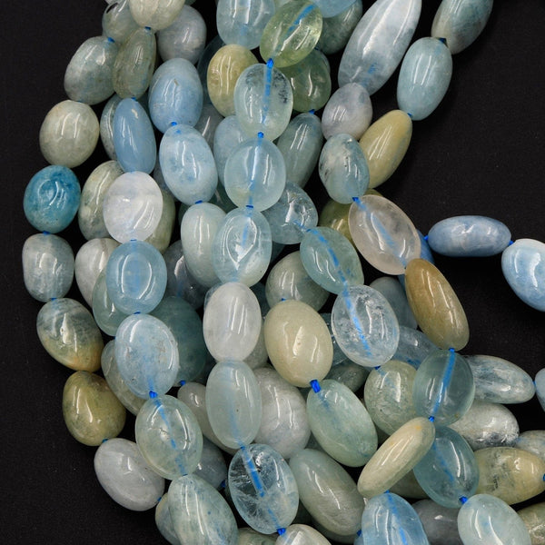 Natural Aquamarine Beads Freeform Irregular Smooth Oval Rice Nugget Real Genuine Blue Green Gemstone 16" Strand