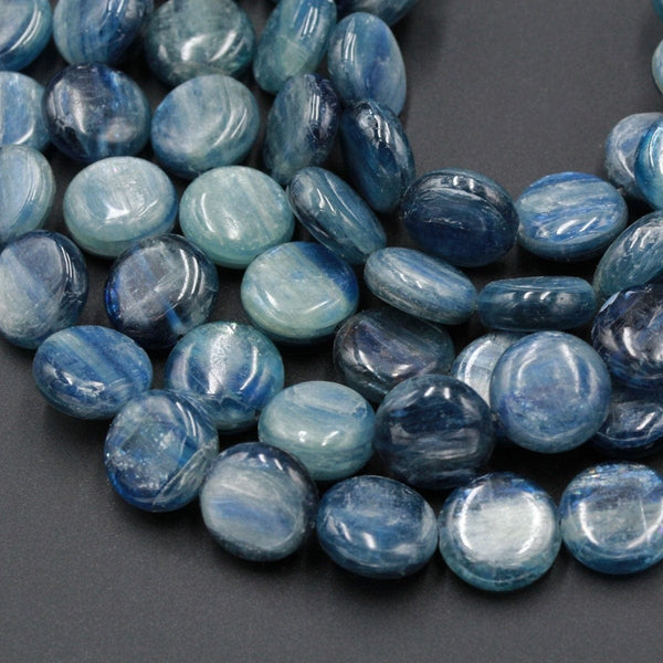 Rare Bicolor Natural Blue Green Kyanite 14mm 20mm Coin Puffy Beads High Quality Chatoyant Silvery Green Blue Gemstone 16" Strand