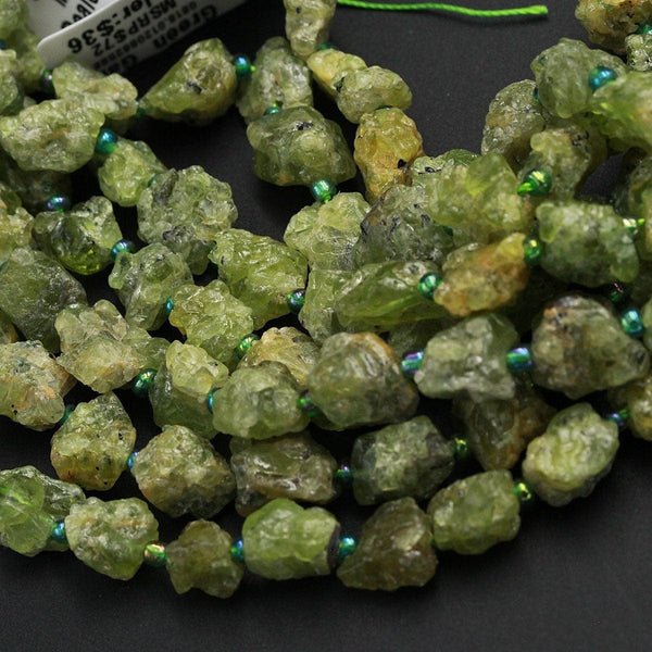 Raw Rough Natural Green Garnet Nugget Freeform Chunky Chip Real Genuine Green Garnet Gemstone Beads Organic Hand Hammered Nugget 16" Strand