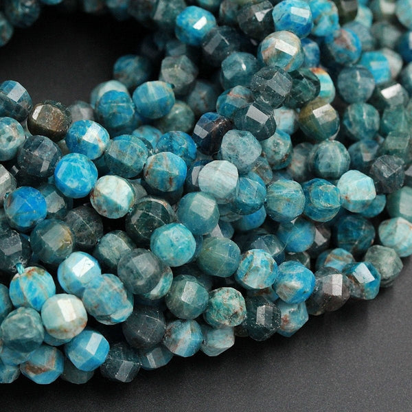 Geometric Lantern Faceted Natural Teal Blue Apatite 8mm Round Beads Sparkling Gemstone Good For Earring Pair Bead 16" Strand